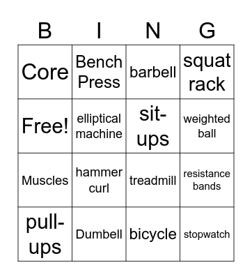 Weight Training Fitness Bingo Card