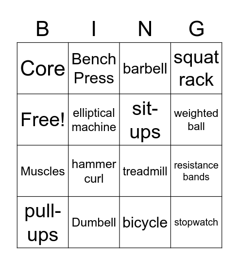 Weight Training Fitness Bingo Card