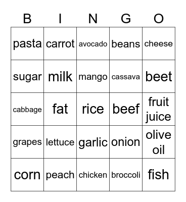 Healthy Food Bingo Card