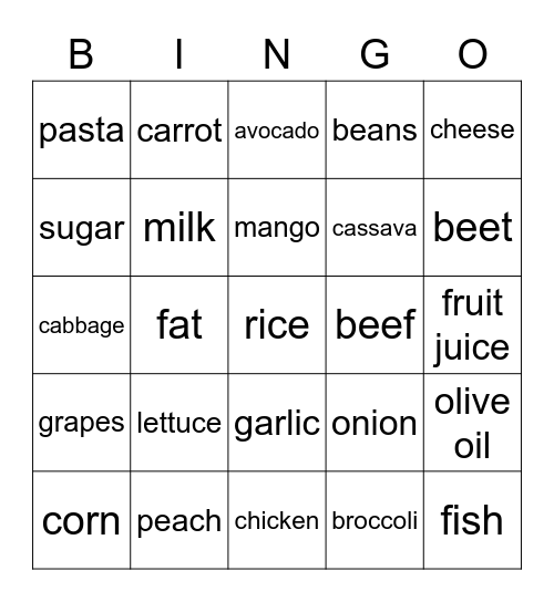 Healthy Food Bingo Card