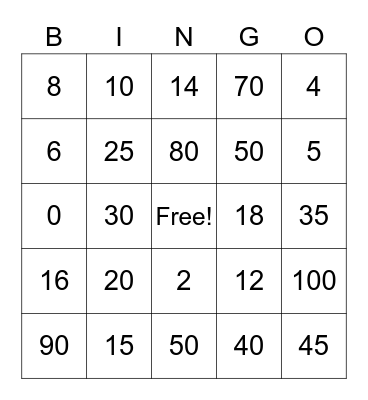 Multiplication Bingo Card