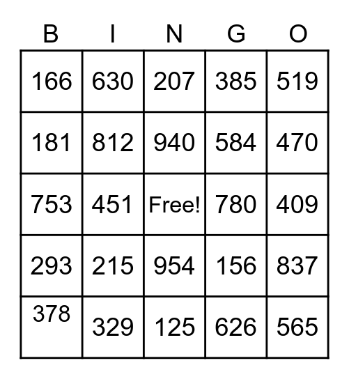 Place Value Bingo Card