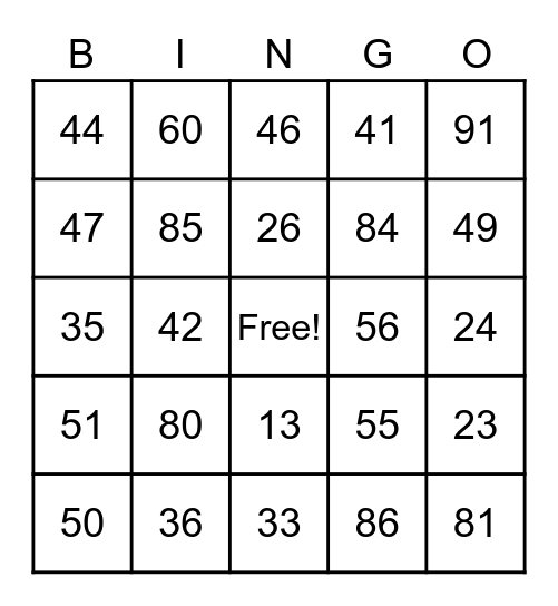 Double Digits Bingo Card