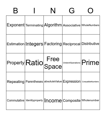 Math Vocabulary Bingo Card