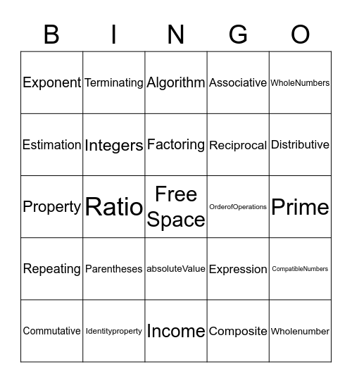 Math Vocabulary Bingo Card