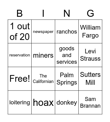 Gold Rush Bingo Card