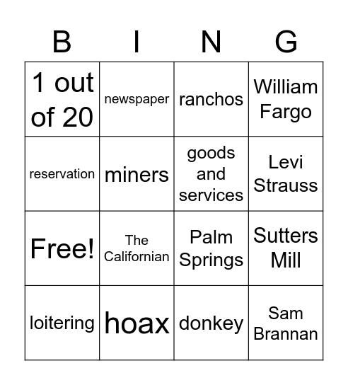 Gold Rush Bingo Card