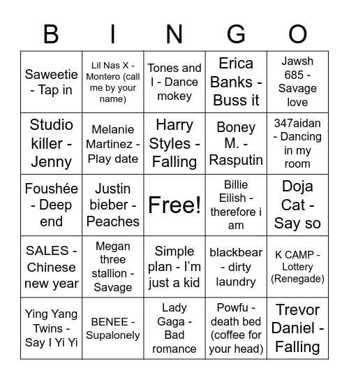 Bingo Tik Tok Bingo Card