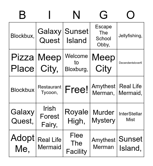 Roblox Bingo Card