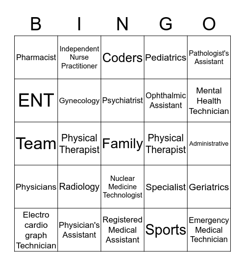 Medical Specialties Bingo Card
