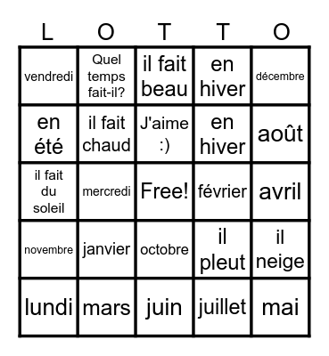 Unit 3 Quel temps fait-il? Bingo Card