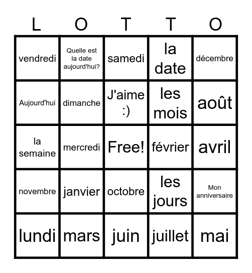 French months & days Bingo Card