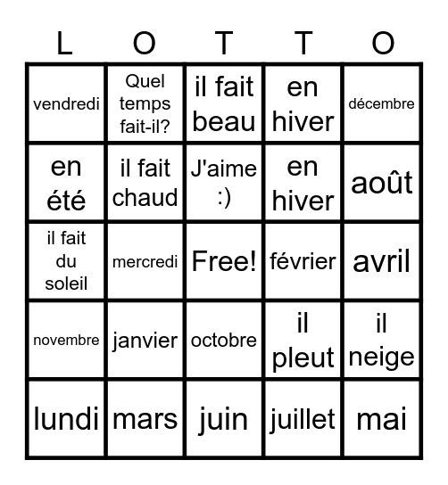 Unit 3 Quel temps fait-il? Bingo Card