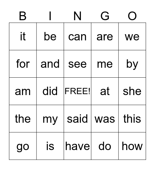 Sight Word Bingo Card
