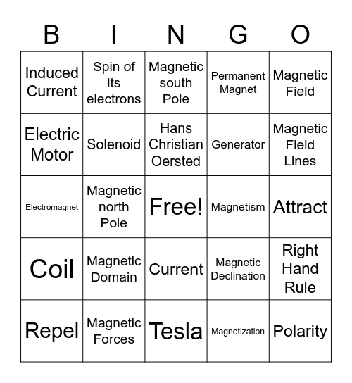 Magnets and Induction Bingo Card