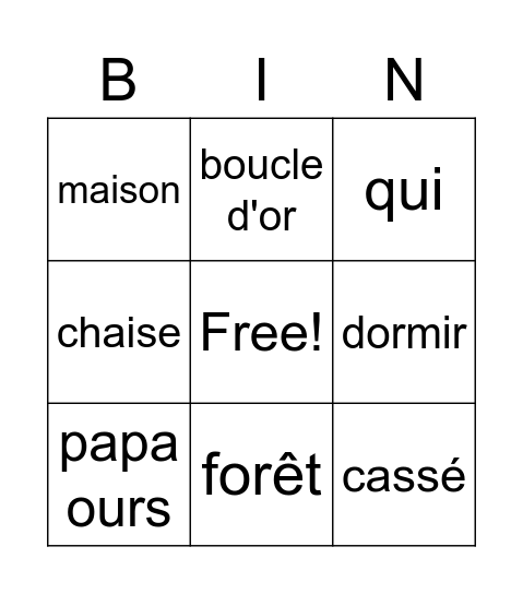 Boucle d'or Bingo Card