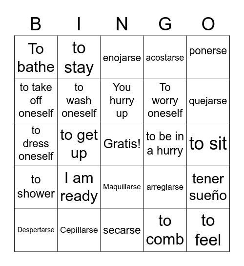 Verbos Reflexivos Bingo Card