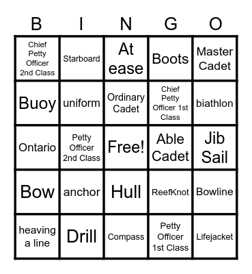 Cadet Game Night Bingo Card