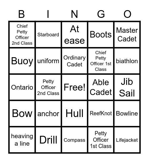 Cadet Game Night Bingo Card