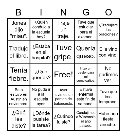 Spanish thin Bingo Card