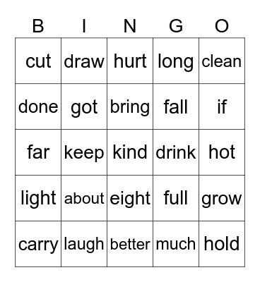 Sight Words Bingo Card