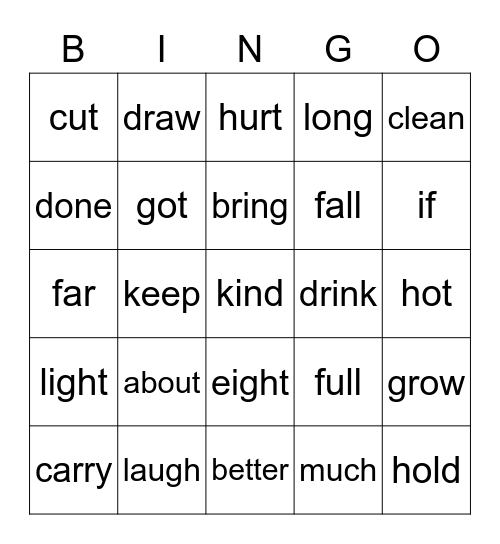 Sight Words Bingo Card