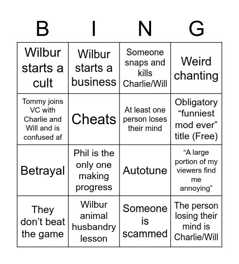 Tommyinnit Funniest Mod video bingo Card