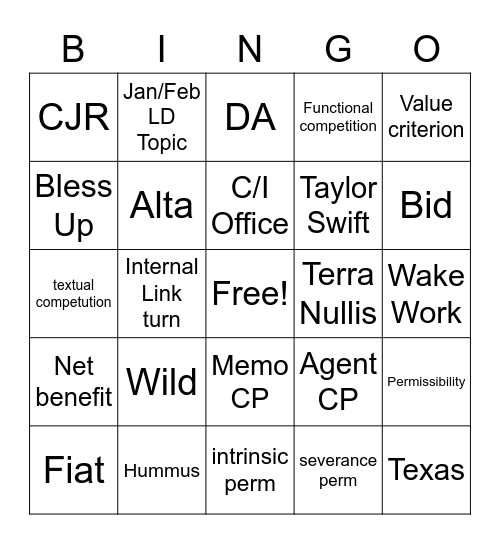 Presentation Debate Bingo Card