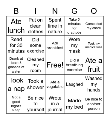 Mindfulness Bingo Card