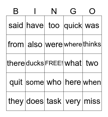 Trick Words/ Word of the Day Bingo Card