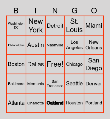 US Cities Bingo Card