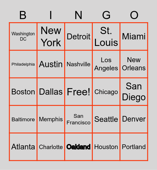 US Cities Bingo Card