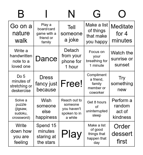 Resonate's Month of Mindfulness Bingo Card