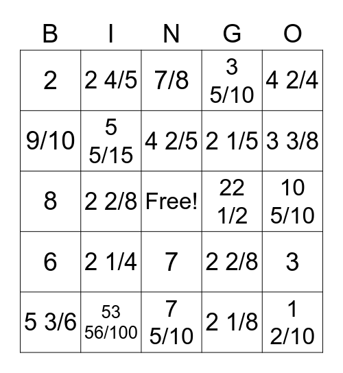 Fraction Bingo Card