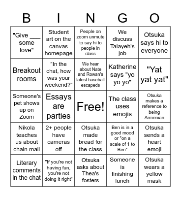 6th Period AP Lit Bingo Card