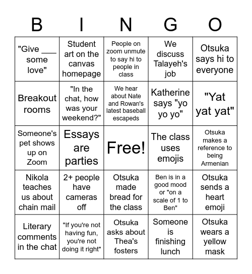 6th Period AP Lit Bingo Card