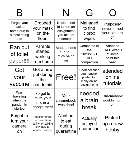 2020-2021 SCOVID BINGO Card