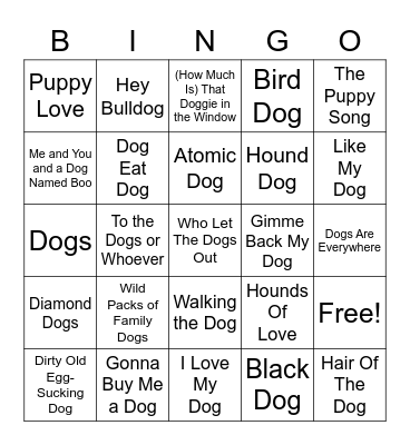 "Dog" Songs Bingo Card