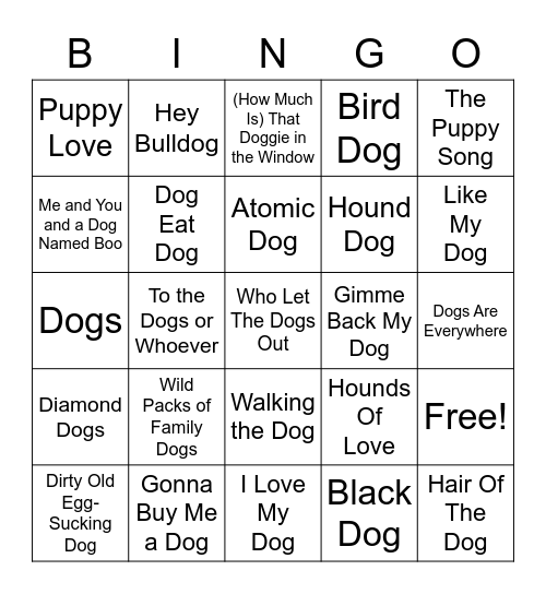 "Dog" Songs Bingo Card
