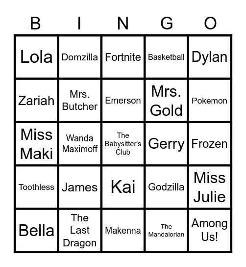 Mrs. Gold's Bingo Game Bingo Card