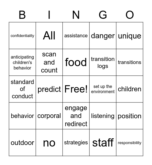 Standard of Conduct / Active Supervision Bingo Card