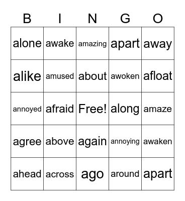 Schwa Sounds Bingo Card