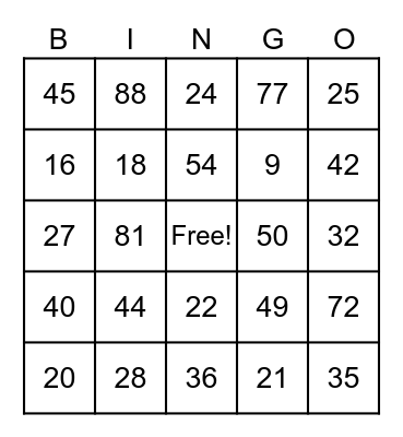 Multiplication Bingo Card