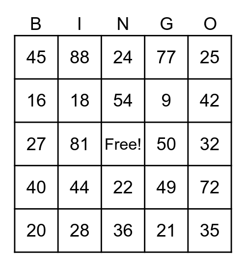 Multiplication Bingo Card