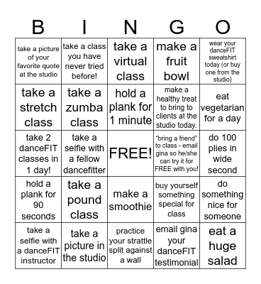 Natick Barre + Fitness (use hashtag #dancefitbingo when posting any pictures on IG, FB or Twitter)  Bingo Card