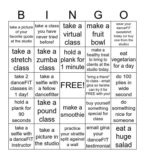 Natick Barre + Fitness (use hashtag #dancefitbingo when posting any pictures on IG, FB or Twitter)  Bingo Card