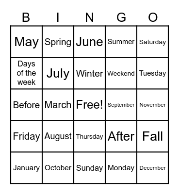 Months and Days Bingo Card