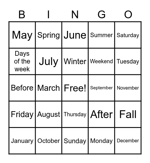 Months and Days Bingo Card