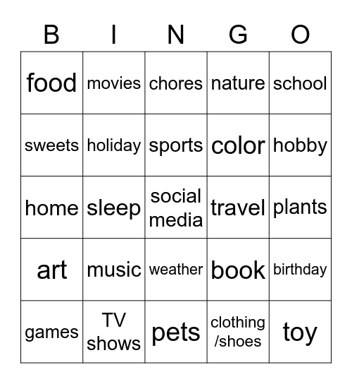 Chat with your partner about the topic. Bingo Card