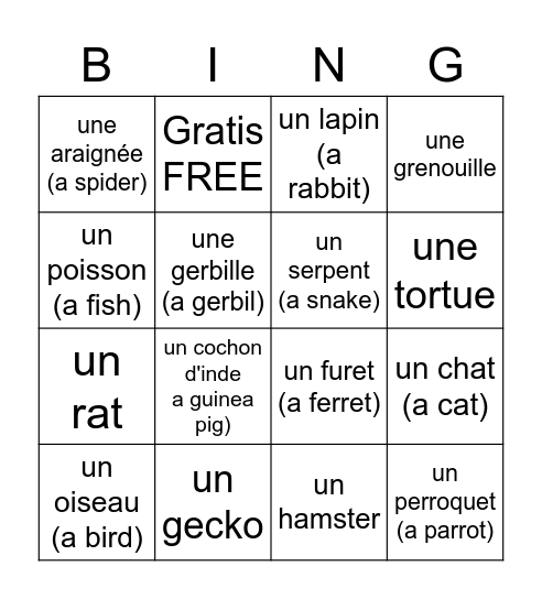 Les animaux de compagnie Bingo Card